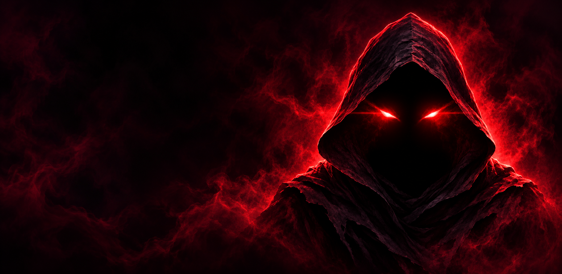 Hooded figure with glowing red eyes in a dark animated wallpaper illustration