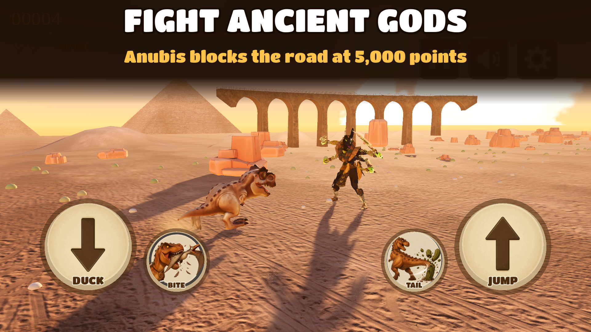 Dino Runner 3D gameplay showing a T-Rex facing Anubis in an Egyptian desert