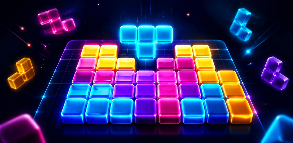 Glowing cyan, pink, purple, and yellow blocks on a neon puzzle board