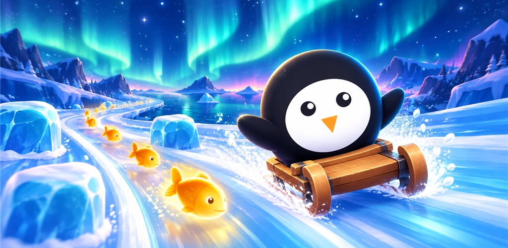 Penguin on a sled racing through an icy aurora landscape
