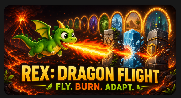 REX: Dragon Flight — Rex breathes fire through changing fantasy worlds
