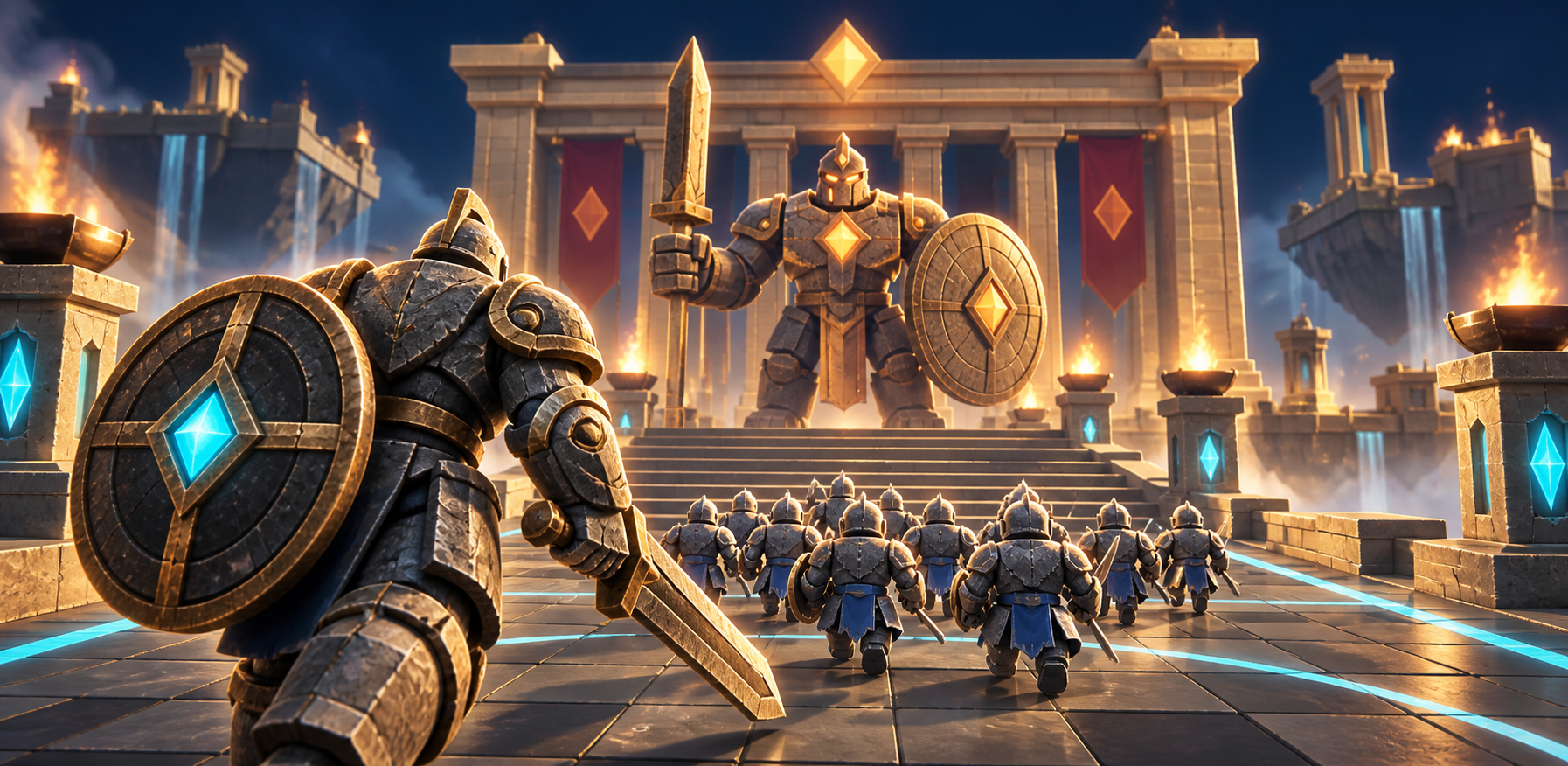 Temple Vanguard guardians charging toward a stone boss in a torch-lit arena