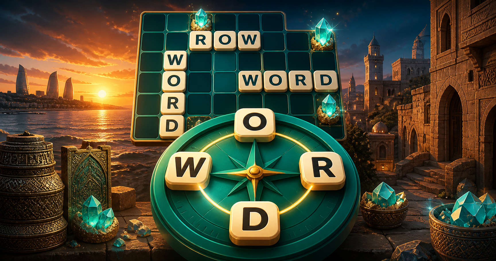 Emerald letter wheel, crossword board, crystals, and a sunset view of Baku