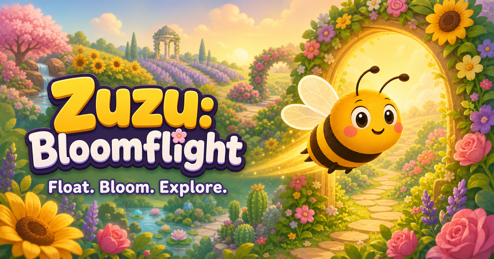 Zuzu flying through a bright flower garden beneath the Zuzu: Bloomflight title